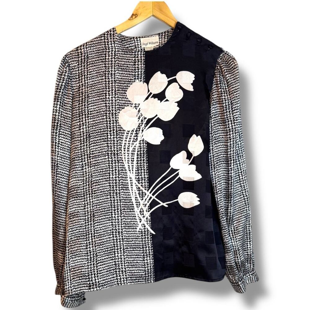 Vintage 80s Lloyd Williams Blouse Size 10 Floral Houndstooth Satin Art Deco B&W